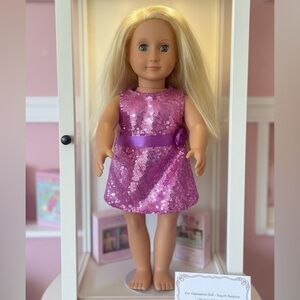 Our Generation 18" Doll Blonde Hair Blue Eyes Purple Sequin Surprise Party Dress